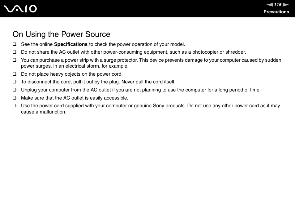On using the power source | Sony VGC-RM1 User Manual | Page 115 / 170