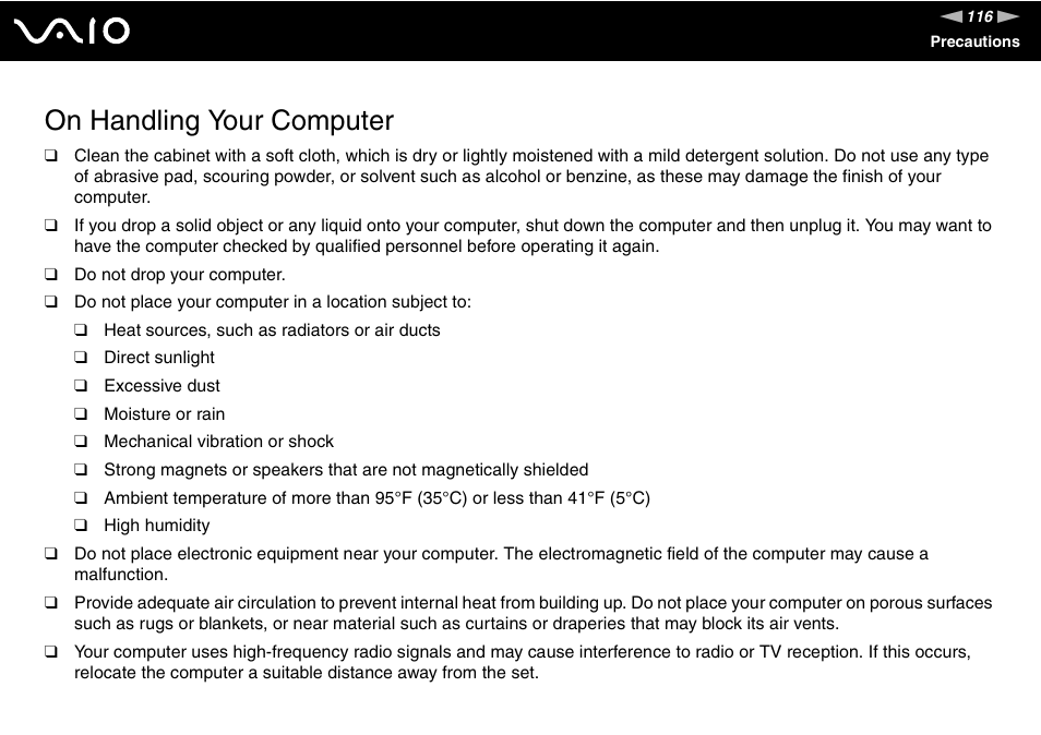 On handling your computer | Sony VGC-RM1 User Manual | Page 116 / 170