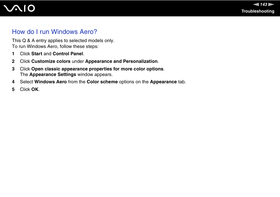 How do i run windows aero | Sony VGC-RM1 User Manual | Page 143 / 170