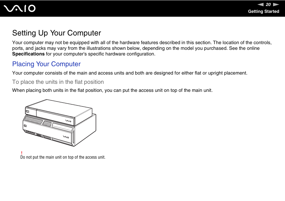 Setting up your computer, Placing your computer | Sony VGC-RM1 User Manual | Page 20 / 170