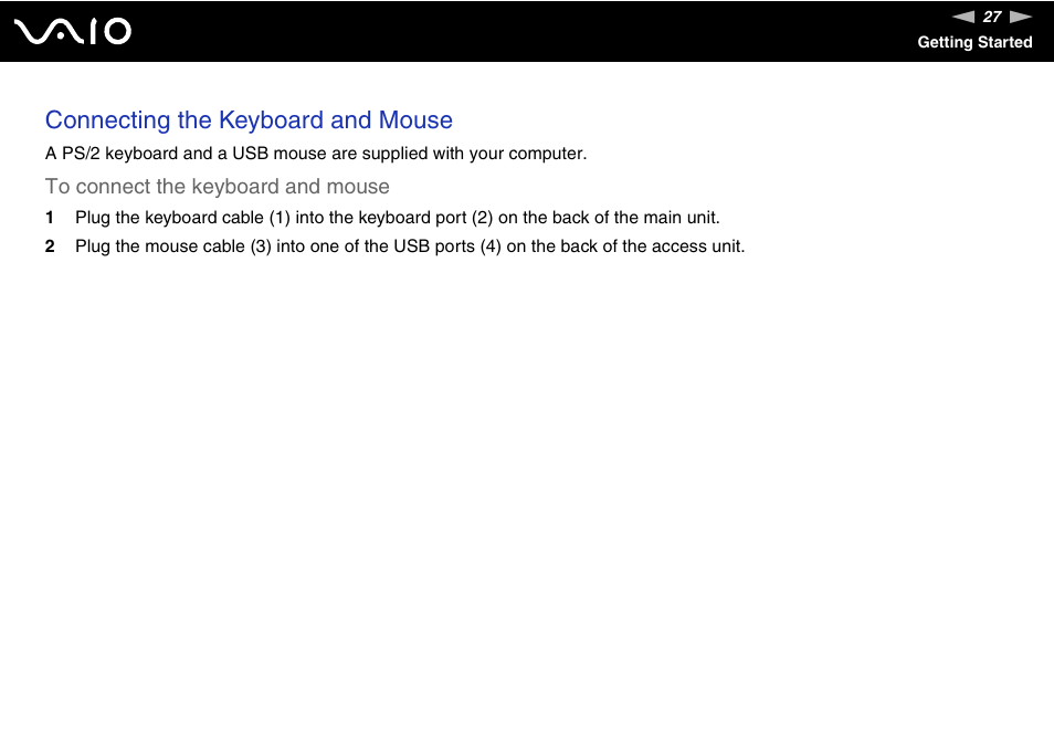 Connecting the keyboard and mouse | Sony VGC-RM1 User Manual | Page 27 / 170