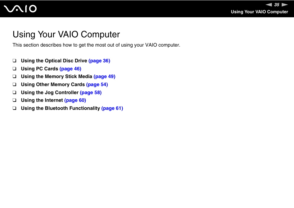 Using your vaio computer | Sony VGC-RM1 User Manual | Page 35 / 170