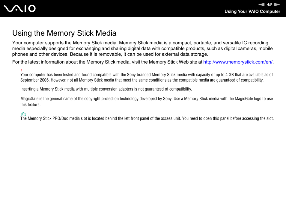 Using the memory stick media | Sony VGC-RM1 User Manual | Page 49 / 170