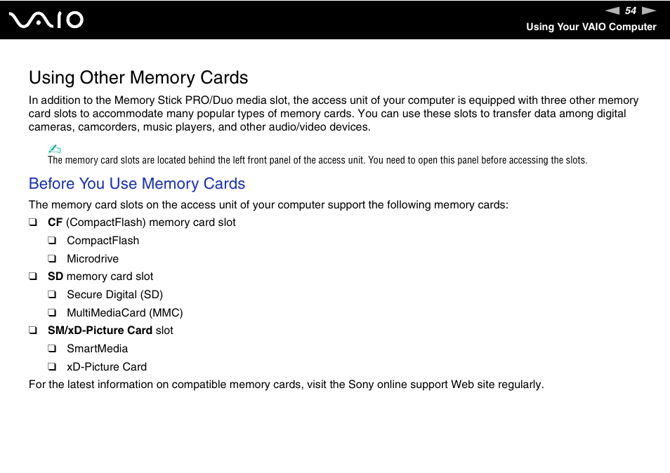 Using other memory cards | Sony VGC-RM1 User Manual | Page 54 / 170