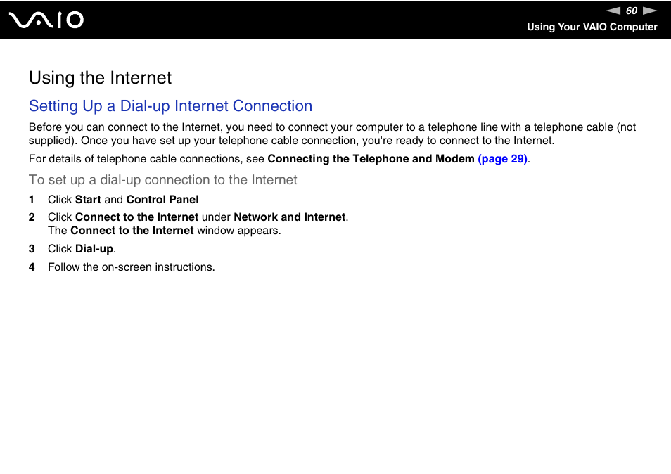 Using the internet, Setting up a dial-up internet connection | Sony VGC-RM1 User Manual | Page 60 / 170