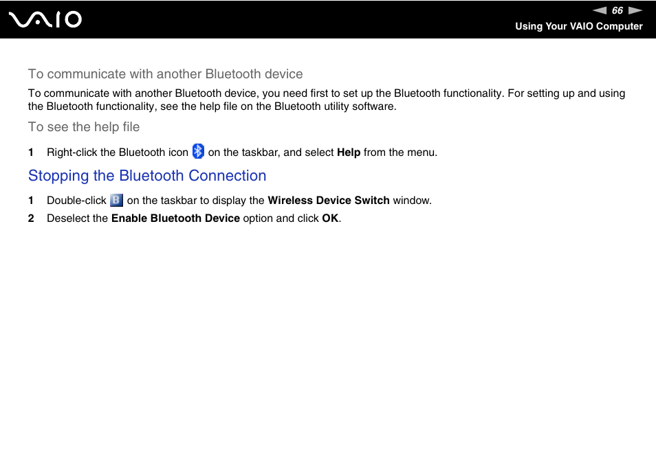 Stopping the bluetooth connection | Sony VGC-RM1 User Manual | Page 66 / 170