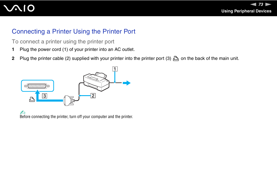 Connecting a printer using the printer port | Sony VGC-RM1 User Manual | Page 73 / 170