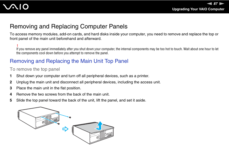 Removing and replacing computer panels, Removing and replacing the main unit top panel | Sony VGC-RM1 User Manual | Page 87 / 170