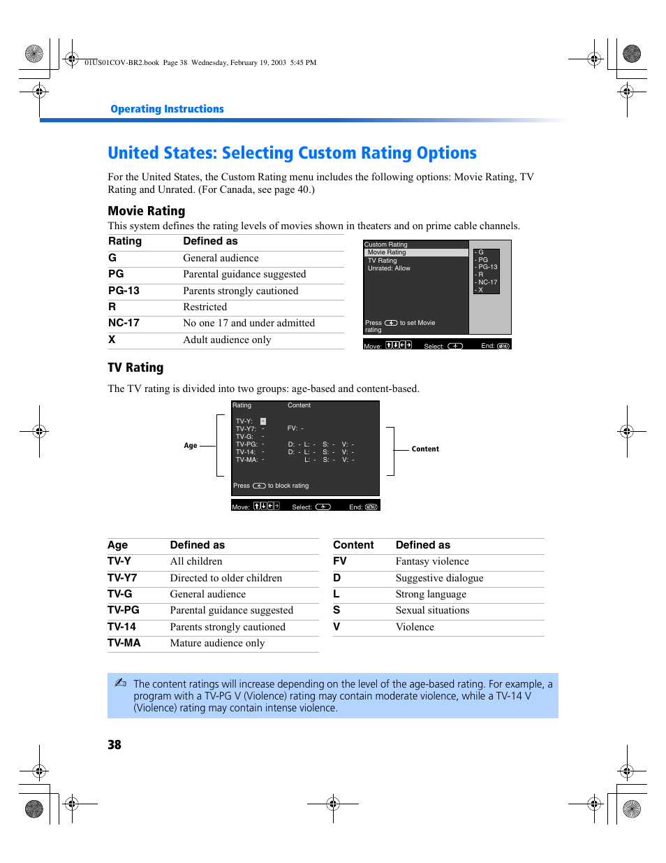 United states: selecting custom rating options, Movie rating, Tv rating | Sony KV-27FV310 User Manual | Page 46 / 68