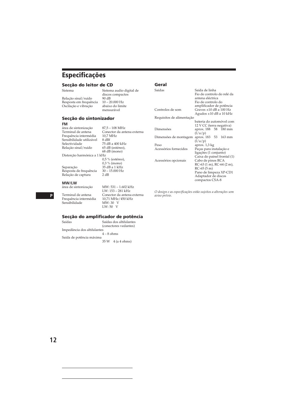 Especificações | Sony CDX-3160 User Manual | Page 41 / 59