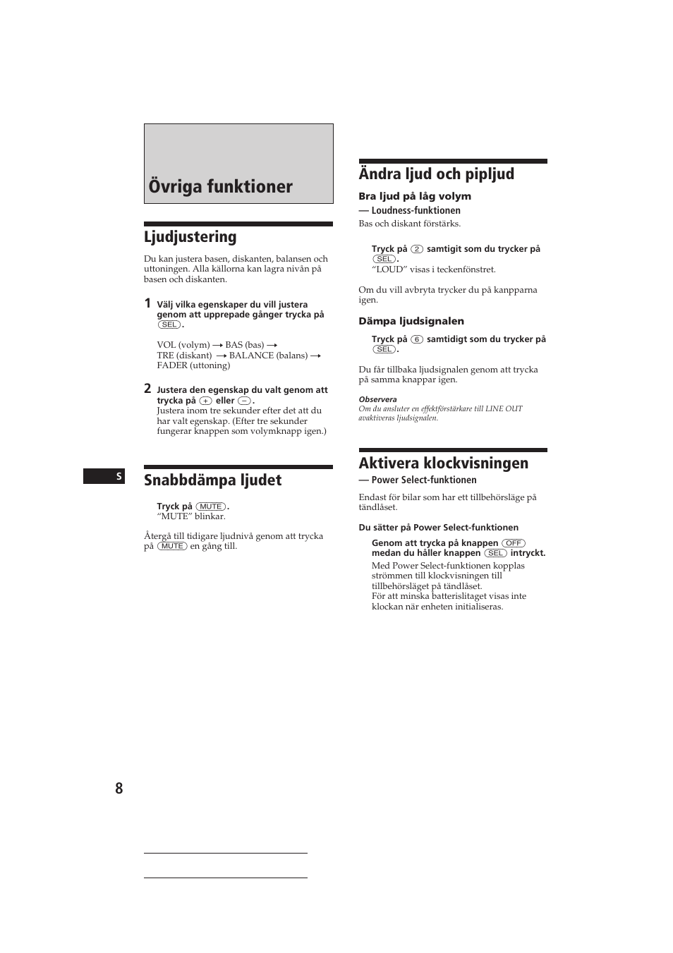 Övriga funktioner, Ljudjustering, Snabbdämpa ljudet | Ändra ljud och pipljud, Aktivera klockvisningen | Sony CDX-3160 User Manual | Page 51 / 59