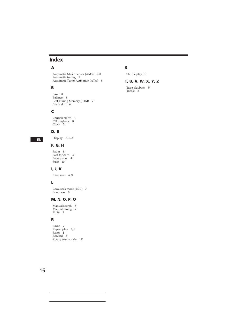 Index | Sony XR-C290 User Manual | Page 16 / 33