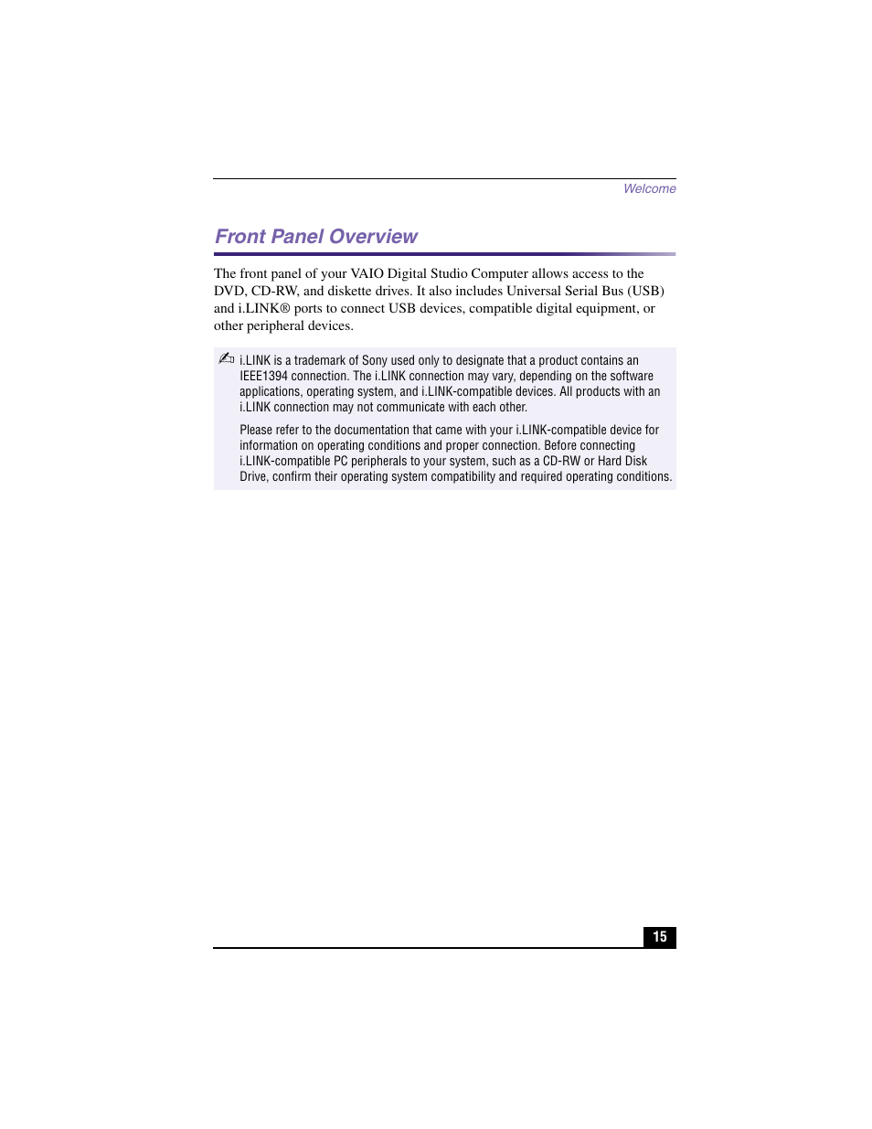 Front panel overview | Sony PCV-RX380DS User Manual | Page 15 / 100