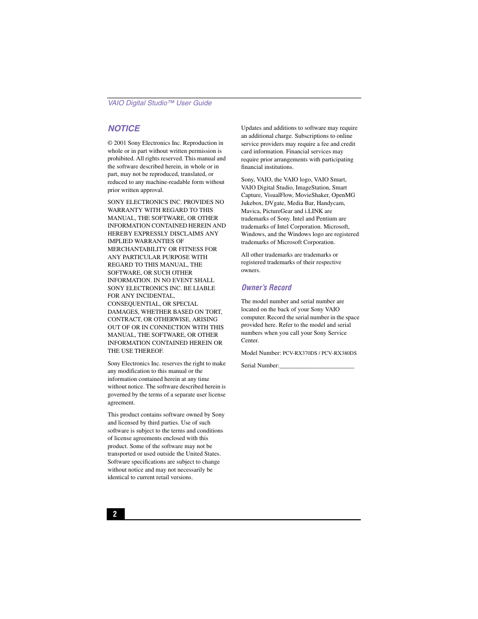 Notice | Sony PCV-RX380DS User Manual | Page 2 / 100