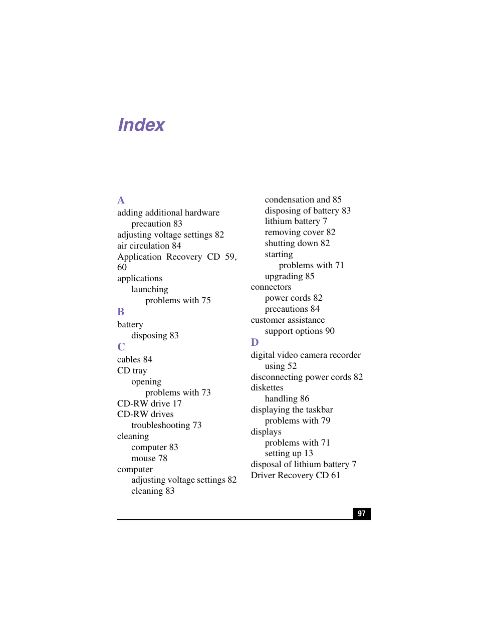 Index | Sony PCV-RX380DS User Manual | Page 97 / 100
