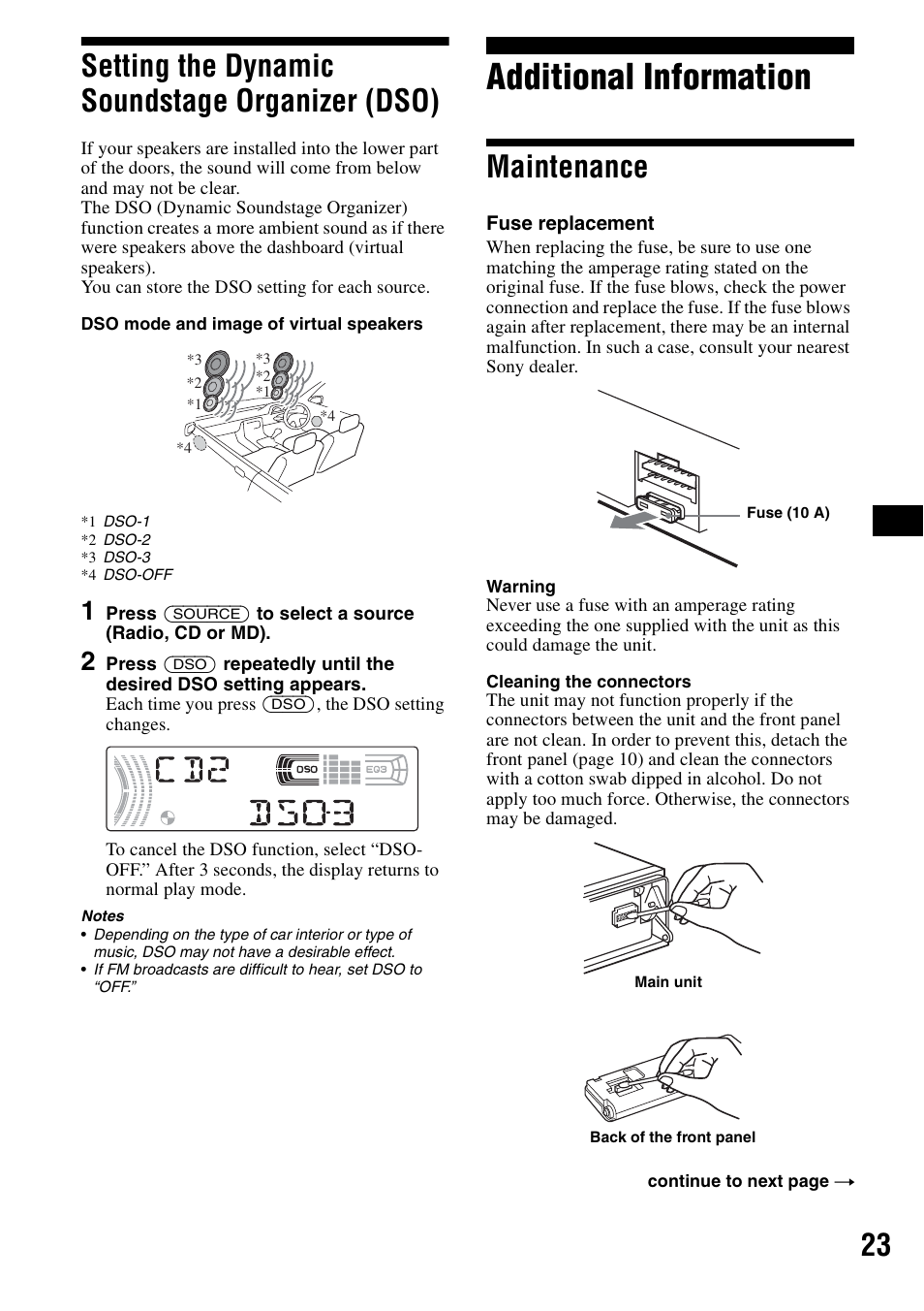 Setting the dynamic soundstage organizer (dso), Additional information, Maintenance | Setting the dynamic soundstage organizer, Dso), 23 setting the dynamic soundstage organizer (dso) | Sony CDX-F5500X User Manual | Page 23 / 84