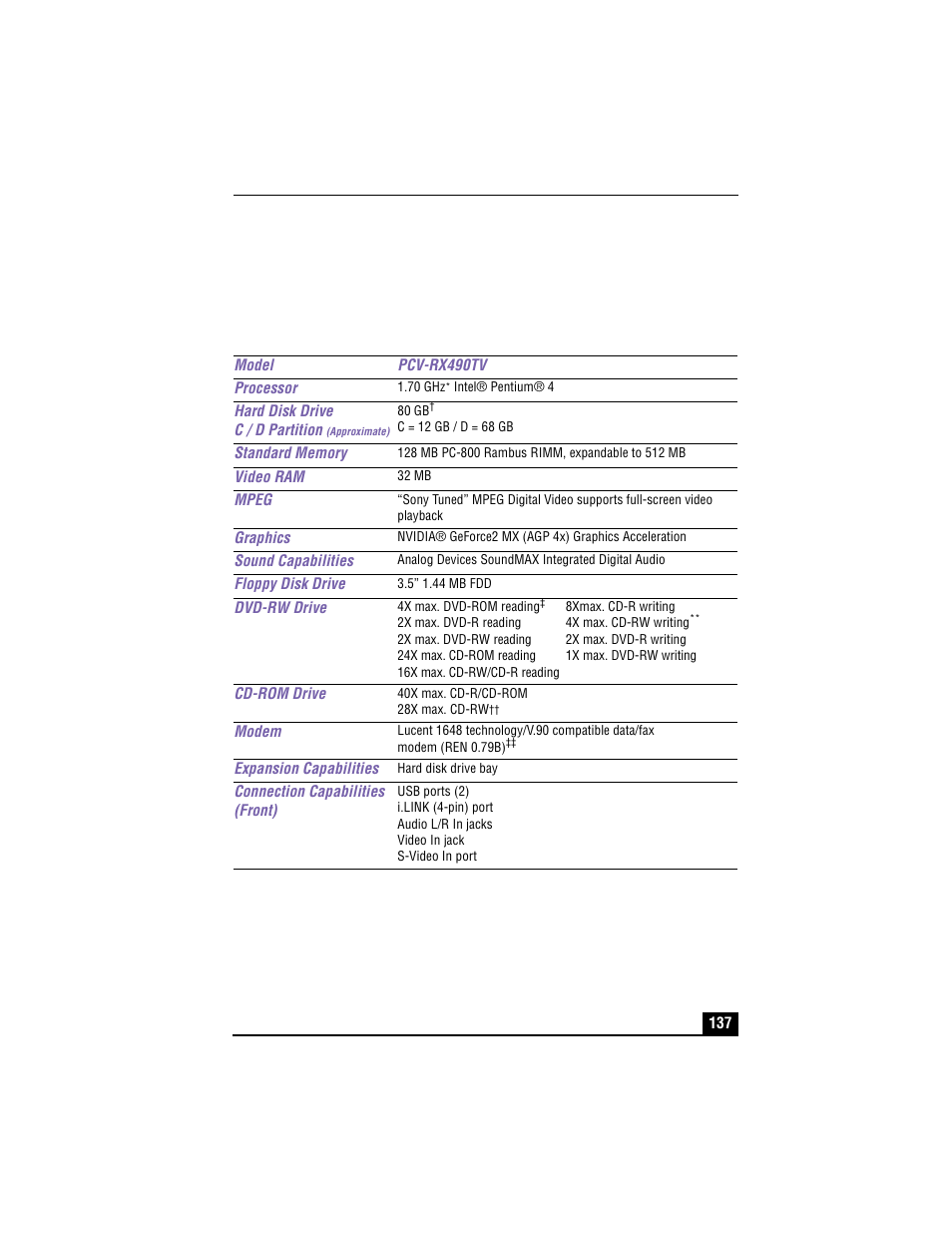 Specifications pcv-rx490tv | Sony VAIO PCV-RX490TV User Manual | Page 139 / 142