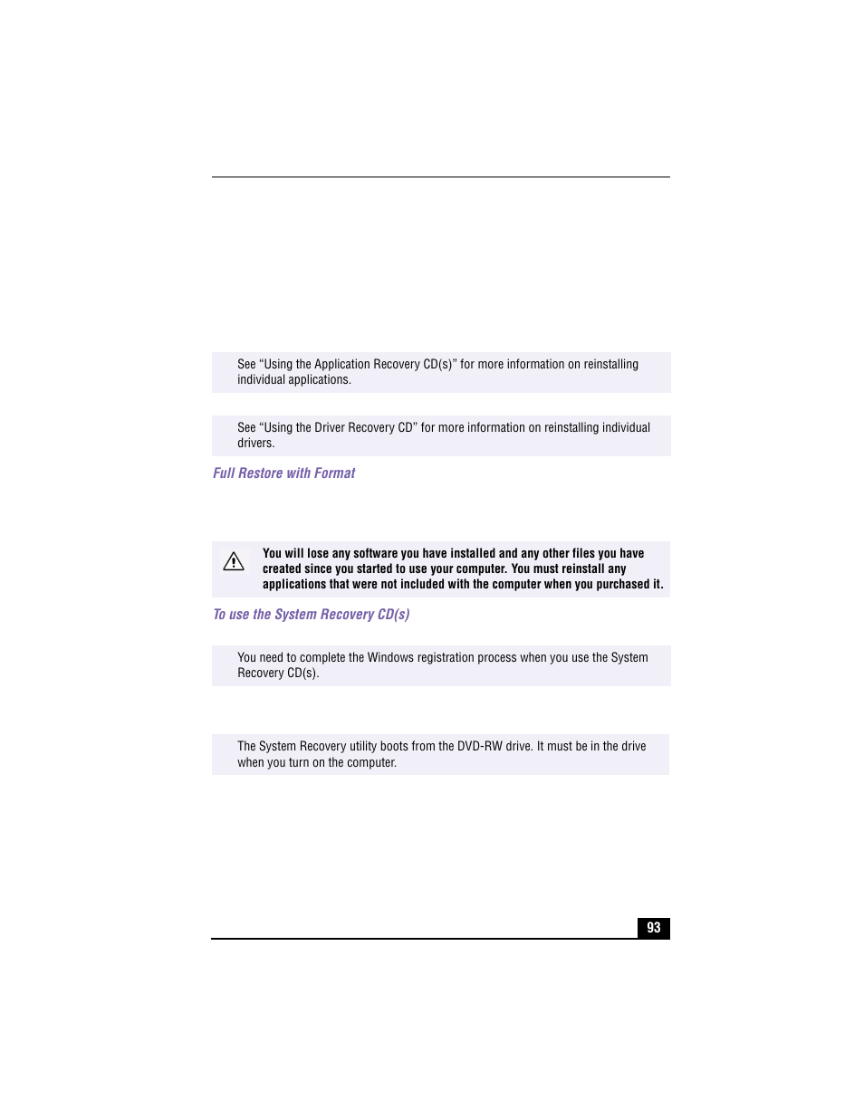 Using the system recovery cd(s) | Sony VAIO PCV-RX490TV User Manual | Page 95 / 142