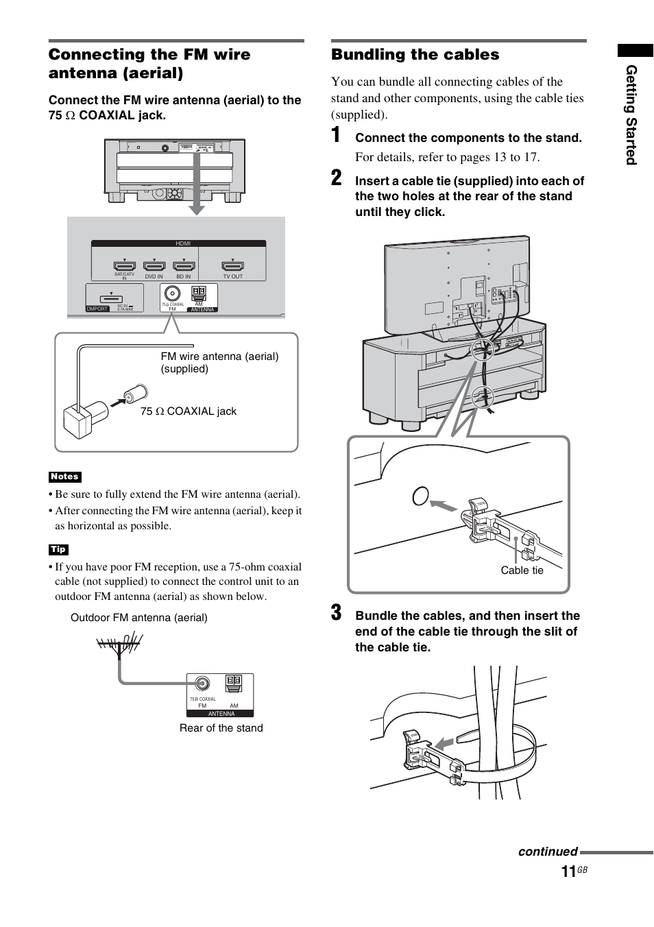 Connecting the fm wire antenna (aerial), Bundling the cables, Gettin g sta rted | For details, refer to pages 13 to 17 | Sony 4-129-925-11(1) User Manual | Page 11 / 48