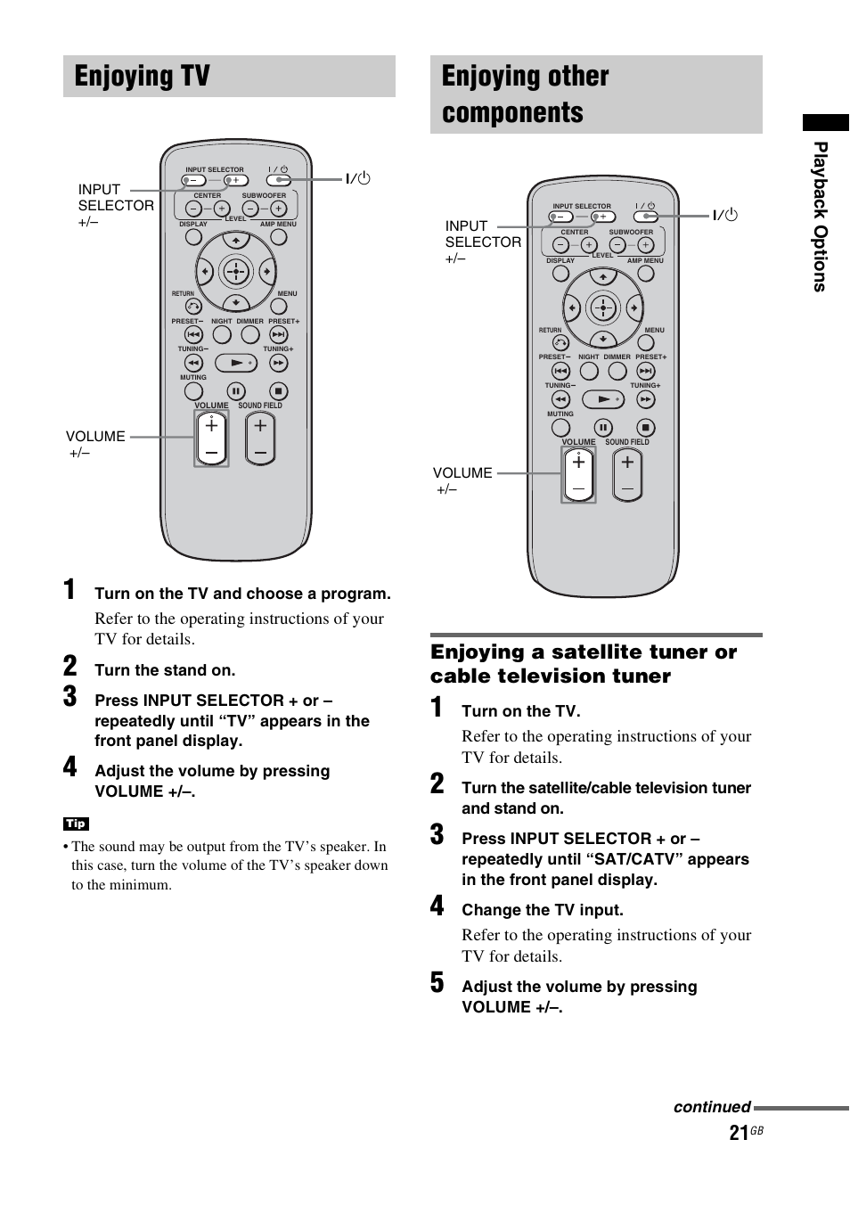 Enjoying tv, Enjoying other components, Enjoying tv enjoying other components | Play b a ck o p tio n s | Sony 4-129-925-11(1) User Manual | Page 21 / 48
