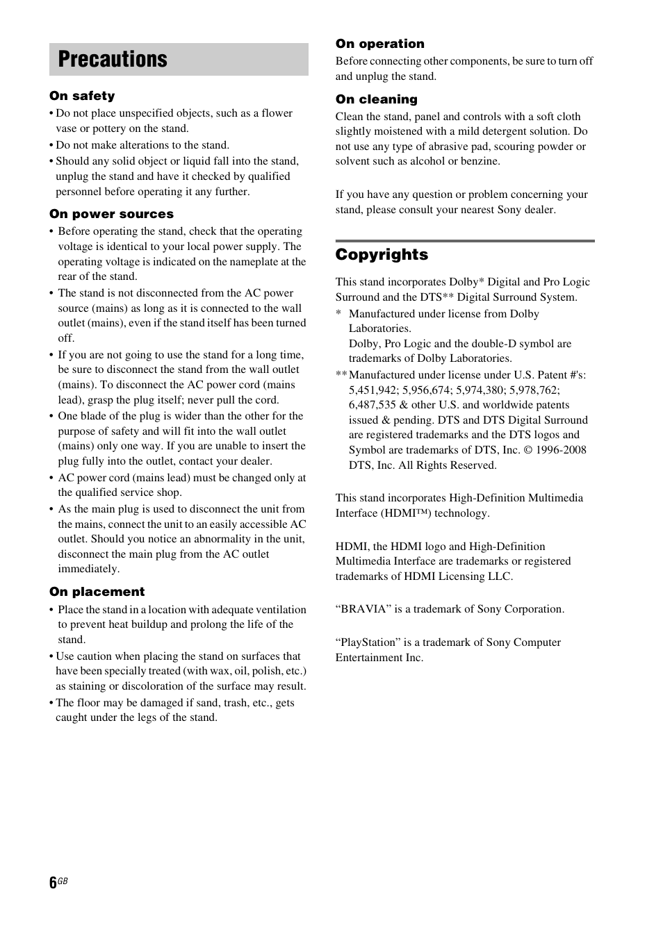 Precautions, Copyrights | Sony 4-129-925-11(1) User Manual | Page 6 / 48