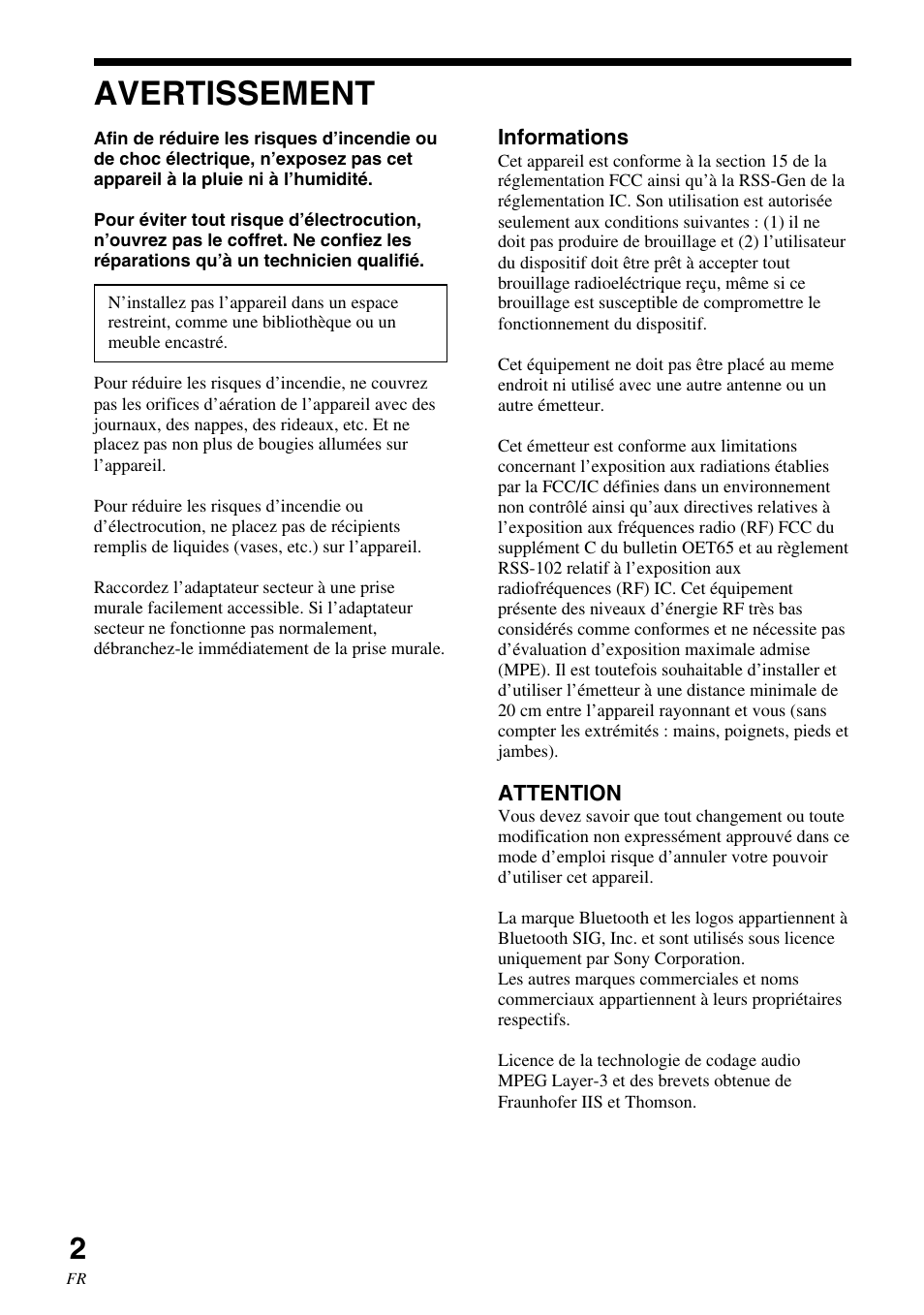 Avertissement | Sony SRS-BTM30 User Manual | Page 22 / 64