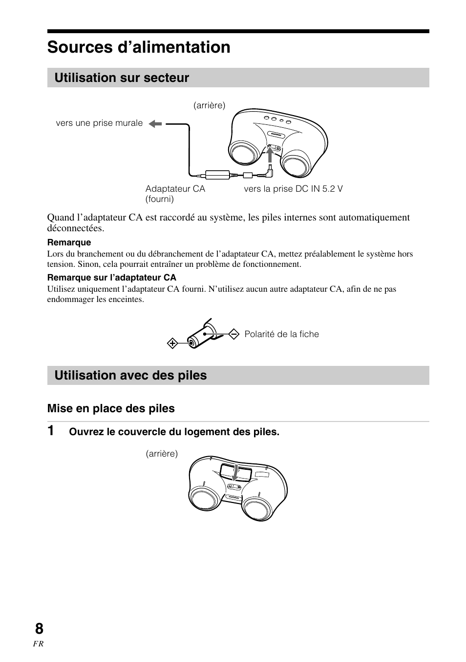 Sources d’alimentation, Utilisation sur secteur, Utilisation avec des piles | Utilisation sur secteur utilisation avec des piles | Sony SRS-BTM30 User Manual | Page 28 / 64