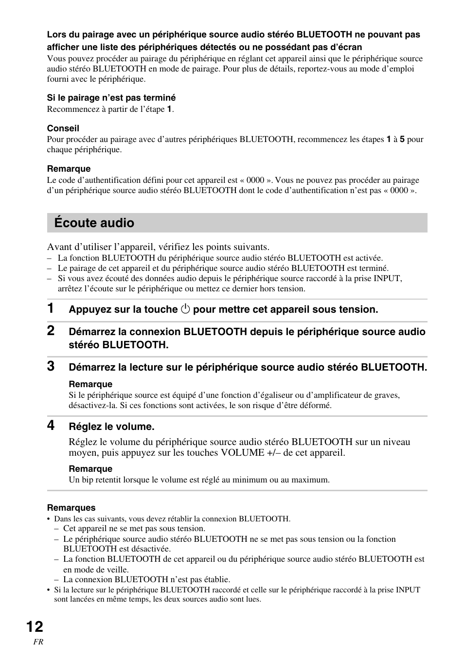 Écoute audio | Sony SRS-BTM30 User Manual | Page 32 / 64