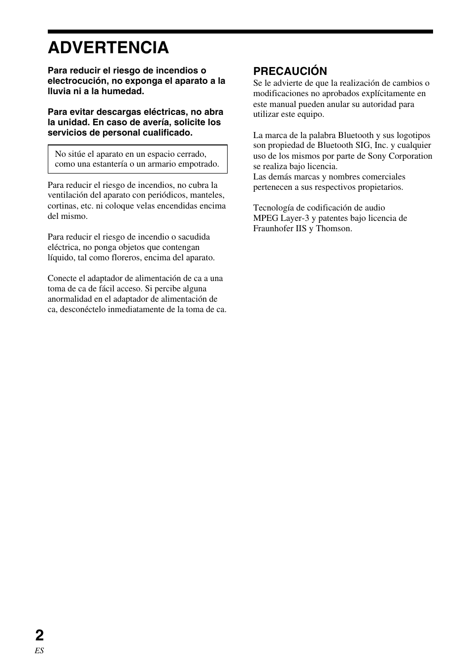 Advertencia | Sony SRS-BTM30 User Manual | Page 42 / 64