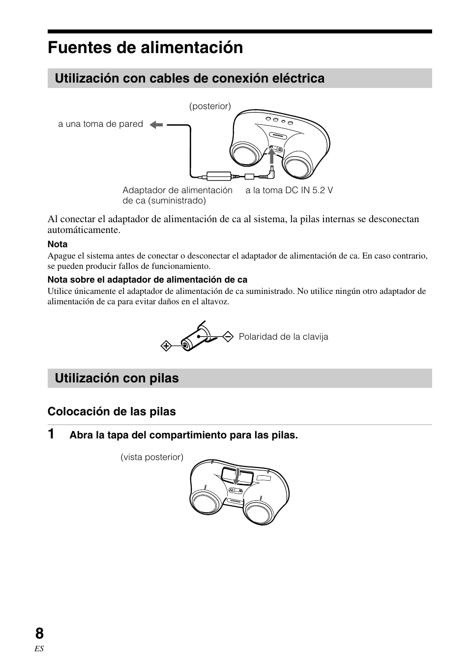 Fuentes de alimentación, Utilización con cables de conexión eléctrica, Utilización con pilas | Utilización con cables de conexión, Eléctrica | Sony SRS-BTM30 User Manual | Page 48 / 64