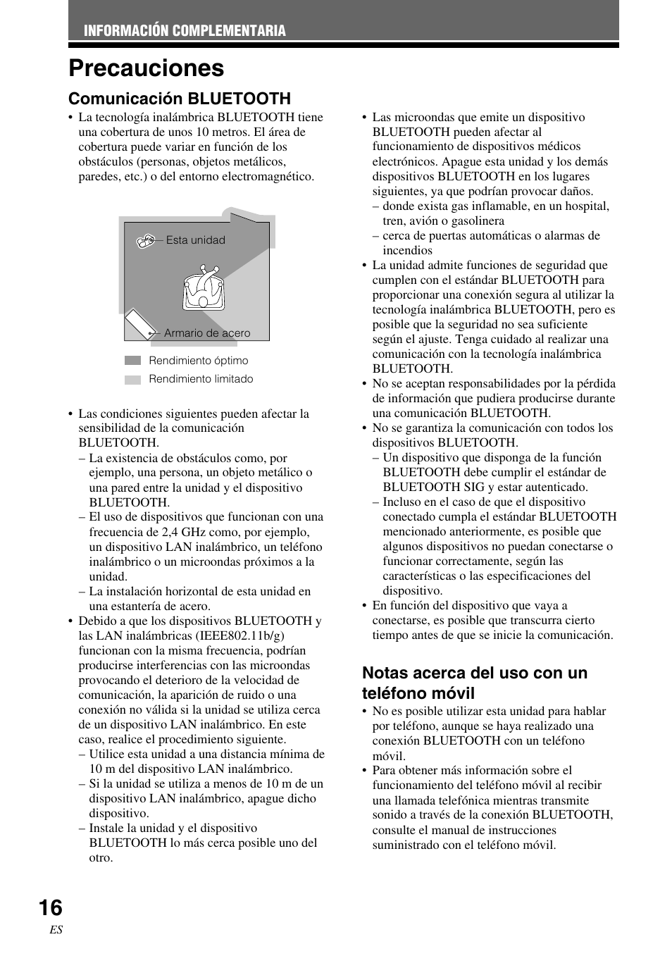 Información complementaria, Precauciones, Comunicación bluetooth | Notas acerca del uso con un teléfono móvil | Sony SRS-BTM30 User Manual | Page 56 / 64