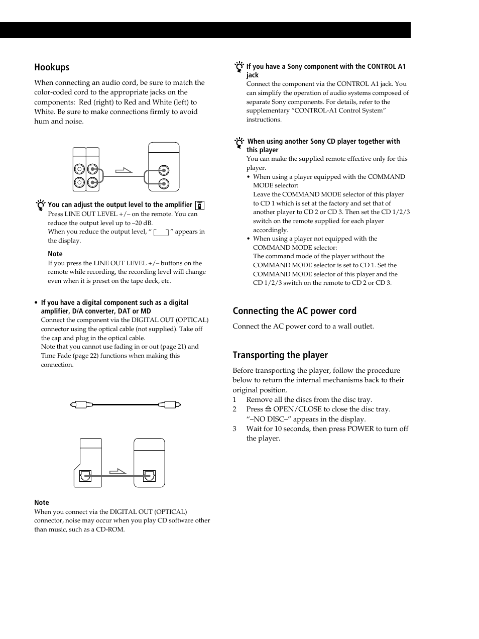 Getting started, Hookups, Connecting the ac power cord | Transporting the player | Sony CDP-C460Z User Manual | Page 5 / 28