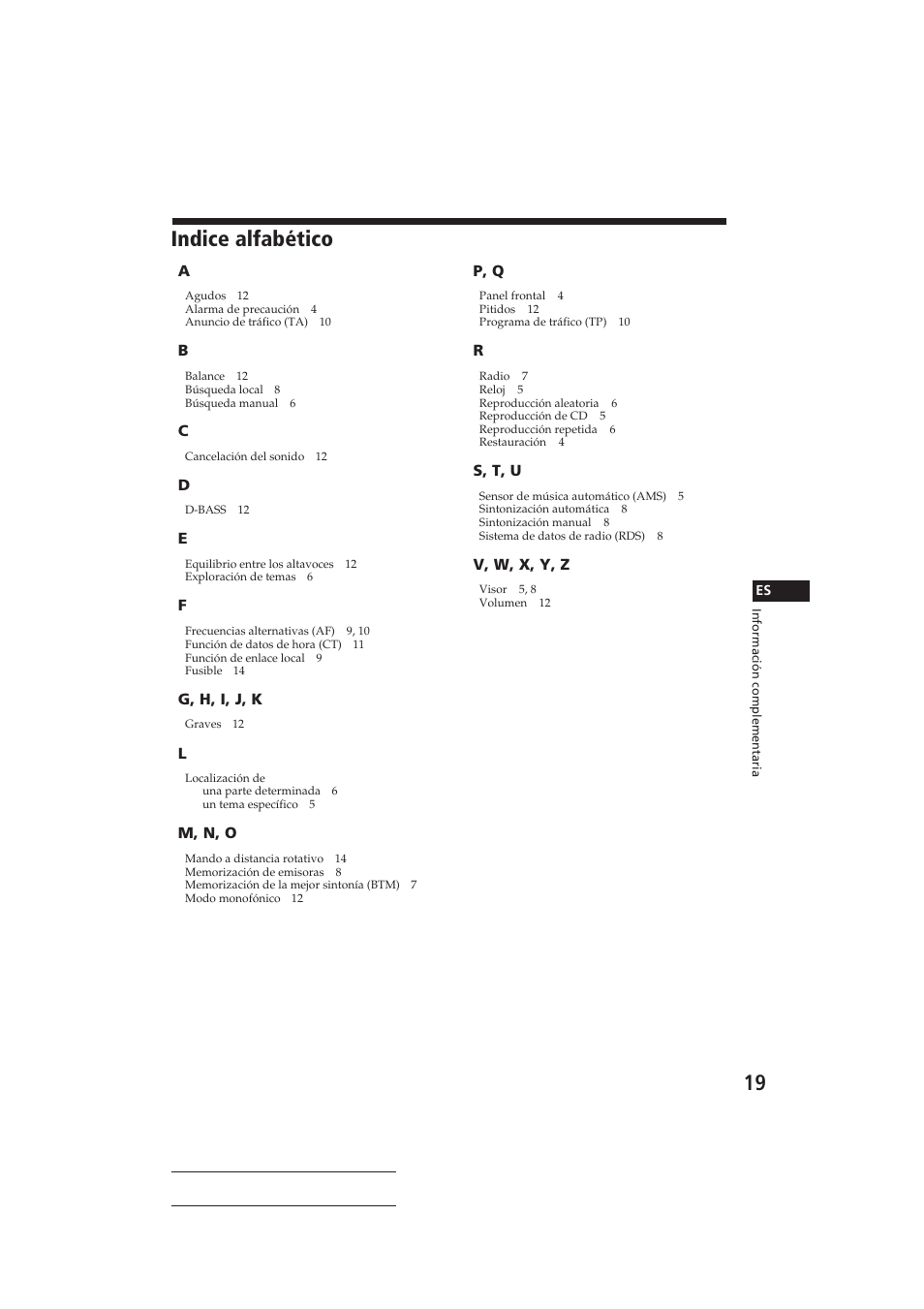 Indice alfabético | Sony CDX-4160RDS User Manual | Page 37 / 74