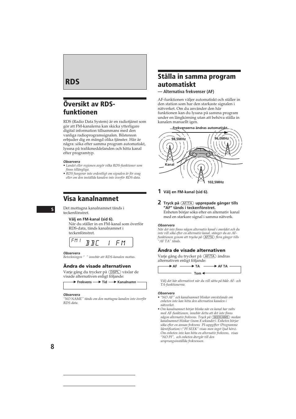 Översikt av rds- funktionen, Visa kanalnamnet, Ställa in samma program automatiskt | Bbc 1 fm | Sony CDX-4160RDS User Manual | Page 62 / 74