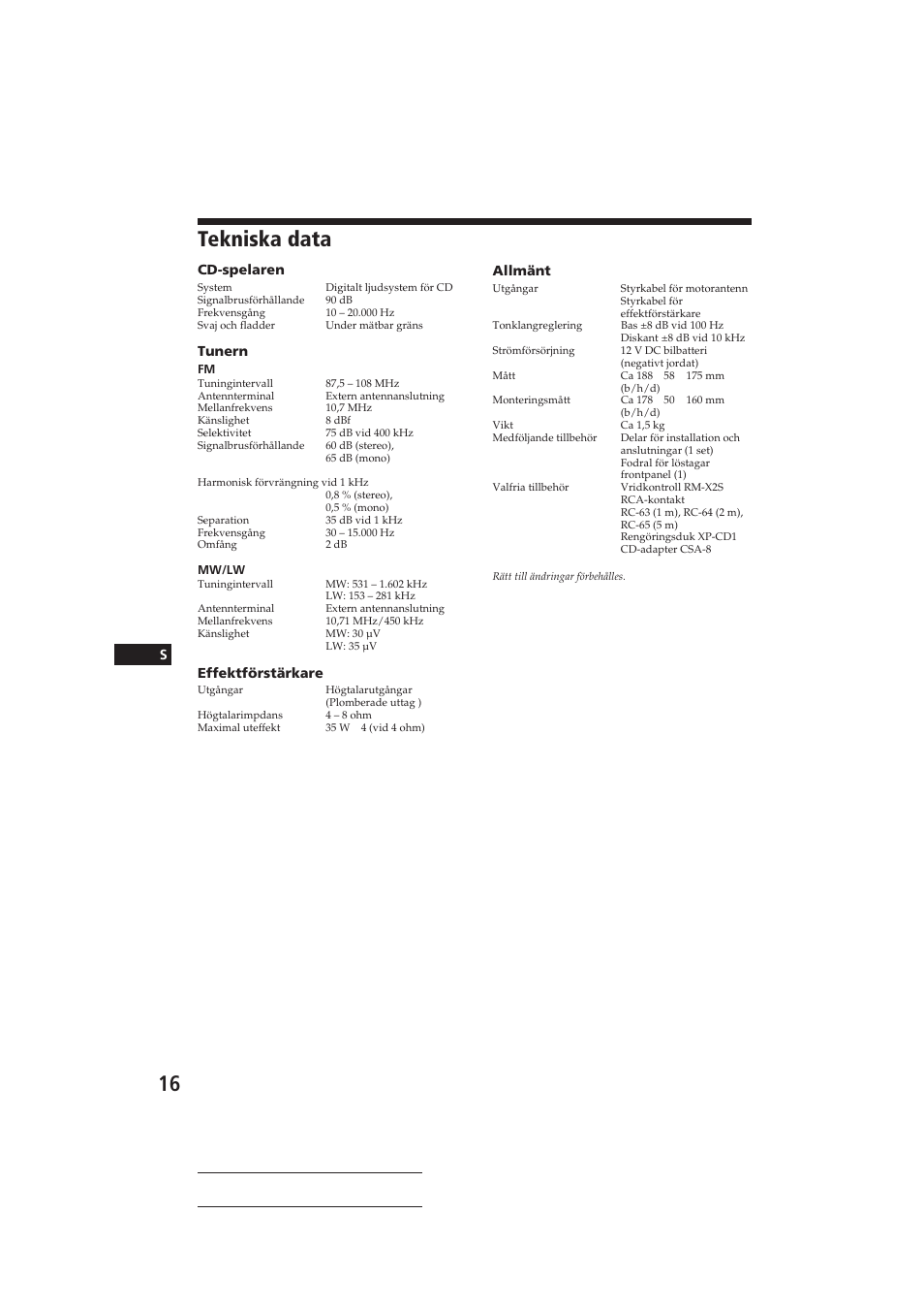 Tekniska data | Sony CDX-4160RDS User Manual | Page 70 / 74