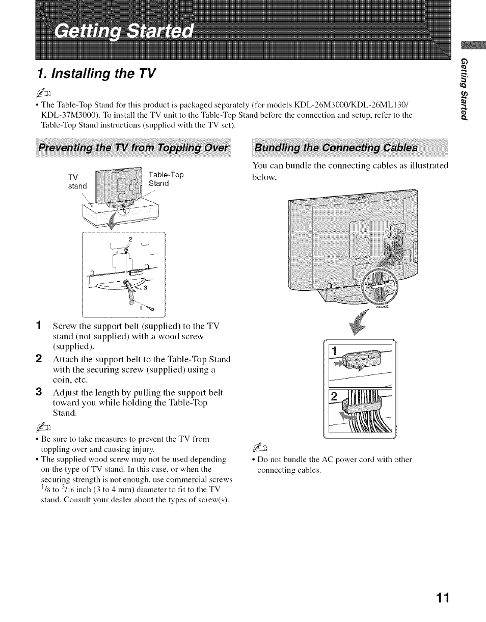 Installing the tv | Sony Bravia KDL- 32ML 13fi User Manual | Page 11 / 48