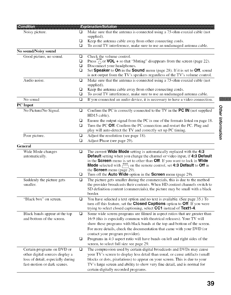Condition explanation/soiution | Sony Bravia KDL- 32ML 13fi User Manual | Page 39 / 48