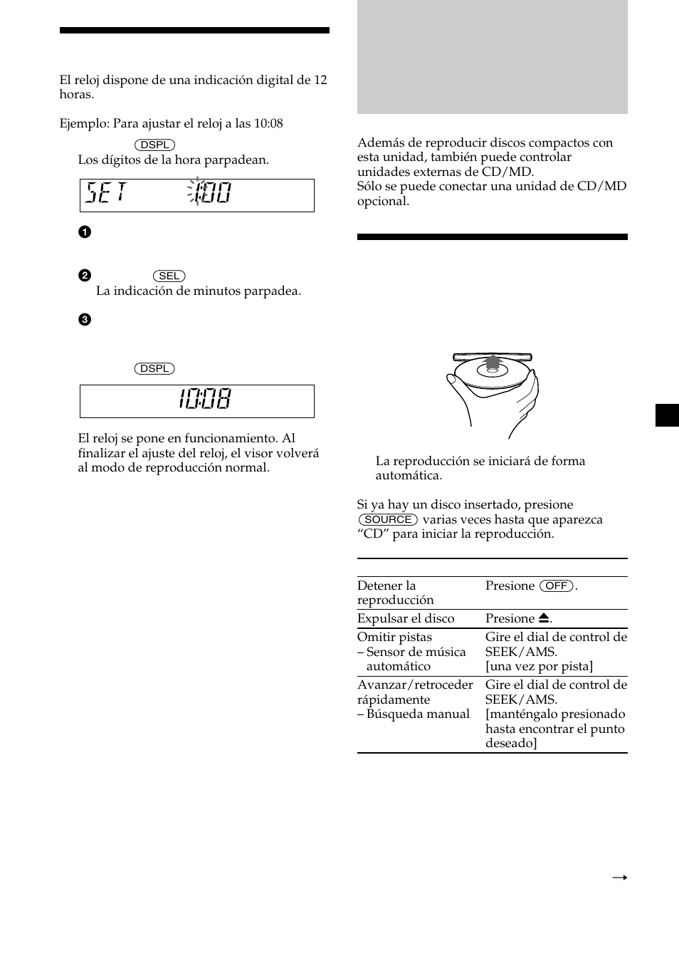 Reproductor de cd unidad de cd/md (opcional), 9ajuste del reloj, Reproducción de discos | Sony CDX-CA580X User Manual | Page 27 / 40