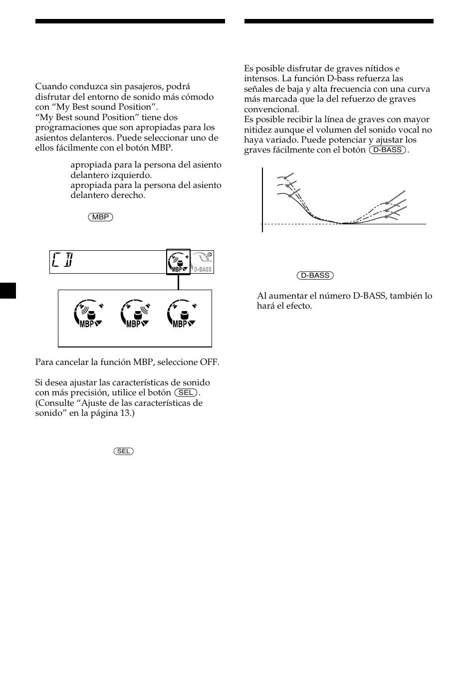 14 refuerzo de los graves, Selección de la posición del sonido, D-bass | Ajuste de la curva de graves, My best sound position (mbp) | Sony CDX-CA580X User Manual | Page 32 / 40