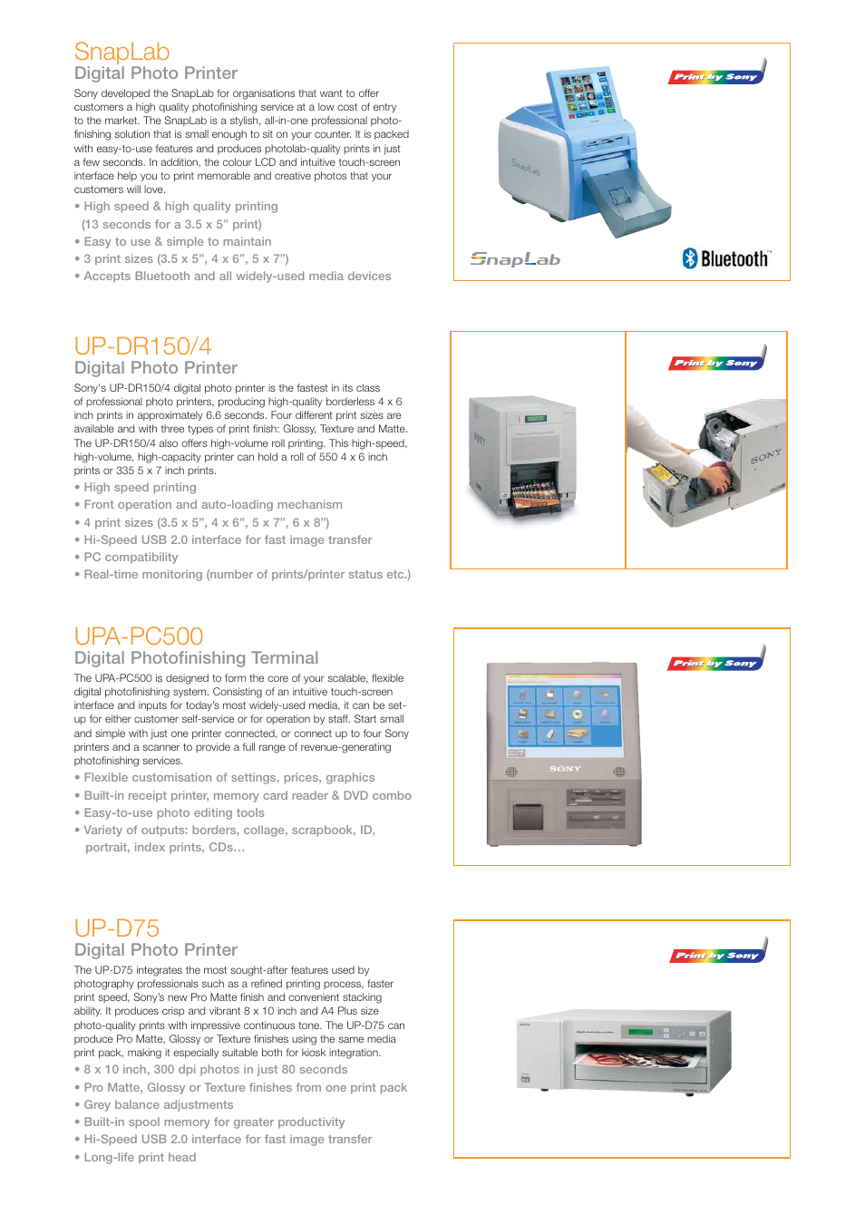 Snaplab, Up-dr150/4, Upa-pc500 | Up-d75, Digital photo printer, Digital photofinishing terminal | Sony Professional Photo Printer User Manual | Page 15 / 22
