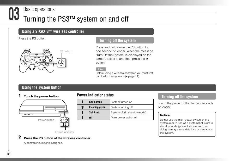 Turning the ps3™ system on and off, Basic operations | Sony 40GB Playstation 3 CECHH01-1.90 User Manual | Page 16 / 100