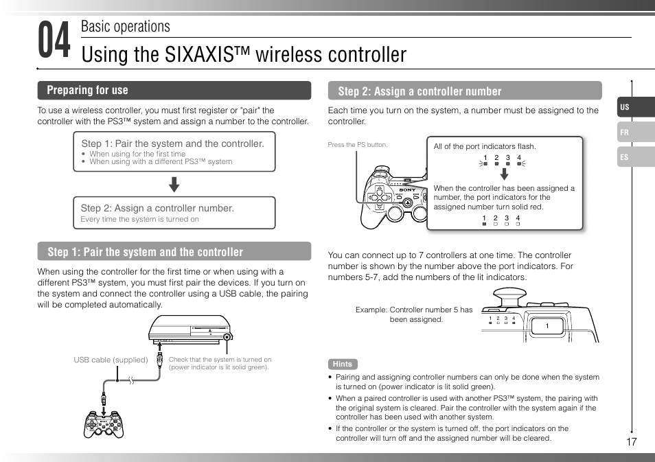 Using the sixaxis™ wireless controller, Basic operations | Sony 40GB Playstation 3 CECHH01-1.90 User Manual | Page 17 / 100