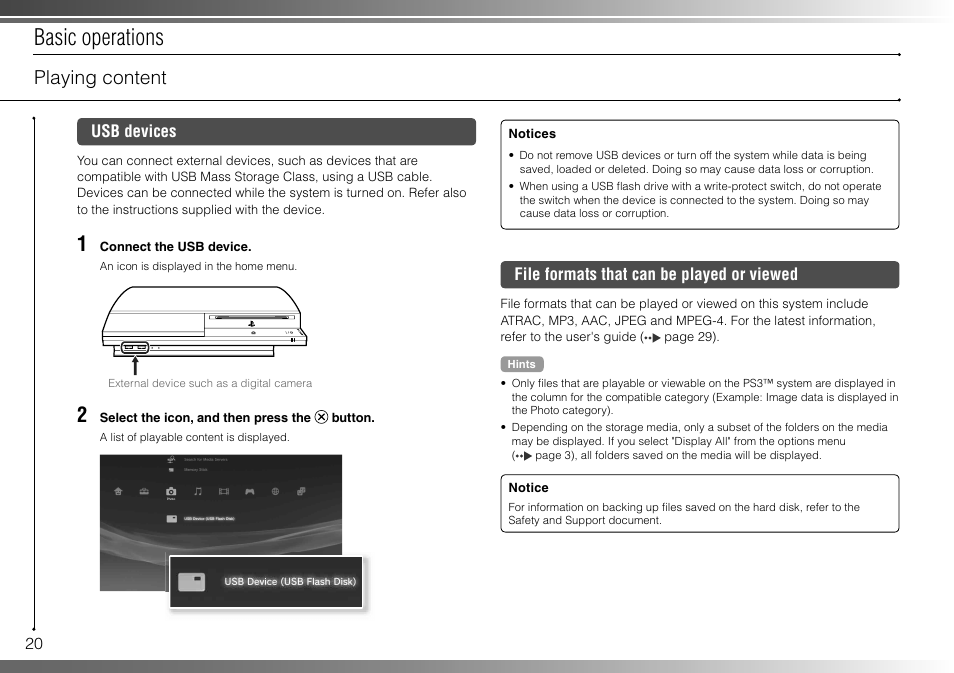 Basic operations, Playing content | Sony 40GB Playstation 3 CECHH01-1.90 User Manual | Page 20 / 100