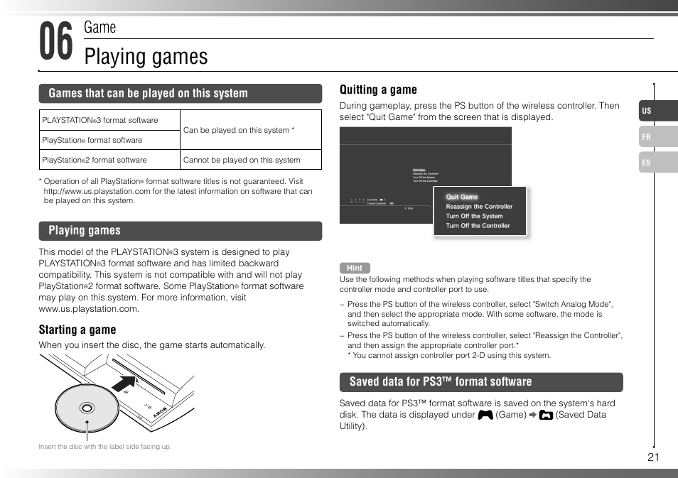 Playing games, Game | Sony 40GB Playstation 3 CECHH01-1.90 User Manual | Page 21 / 100