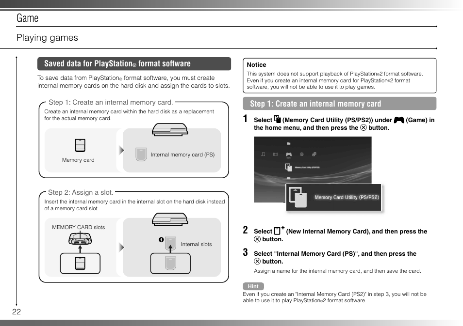 Game, Playing games, Saved data for playstation | Format software | Sony 40GB Playstation 3 CECHH01-1.90 User Manual | Page 22 / 100