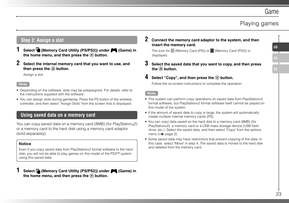 Game, Playing games, Step 2: assign a slot | Sony 40GB Playstation 3 CECHH01-1.90 User Manual | Page 23 / 100