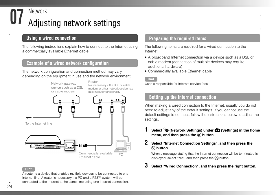 Adjusting network settings, Network | Sony 40GB Playstation 3 CECHH01-1.90 User Manual | Page 24 / 100