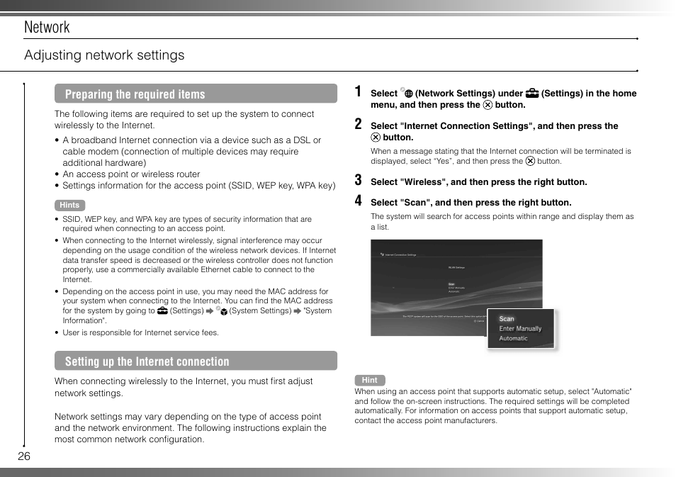 Network, Adjusting network settings | Sony 40GB Playstation 3 CECHH01-1.90 User Manual | Page 26 / 100