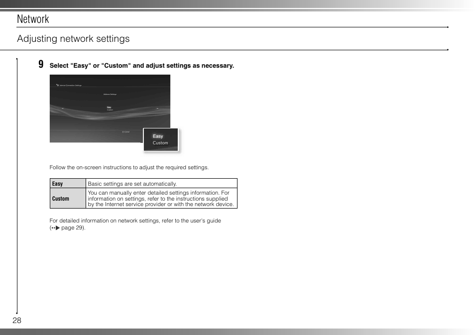 Network, Adjusting network settings | Sony 40GB Playstation 3 CECHH01-1.90 User Manual | Page 28 / 100