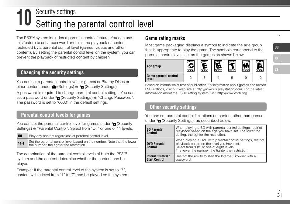 Setting the parental control level, Security settings | Sony 40GB Playstation 3 CECHH01-1.90 User Manual | Page 31 / 100